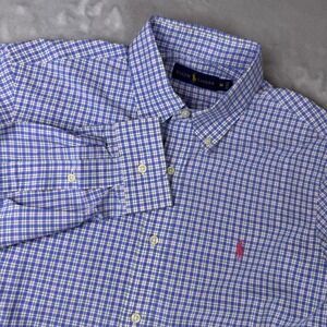 Ralph Lauren Mens Shirt Medium Blue Pink Plaid Long Sleeve Button Down Casual